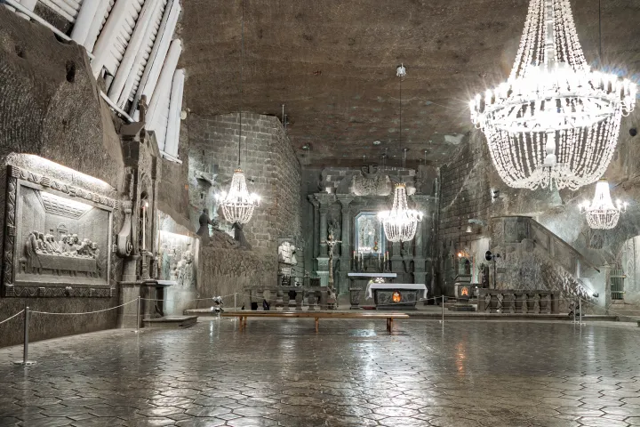 a large building in the rain