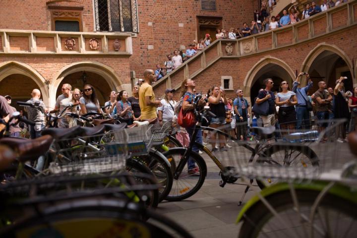 a group of people riding on the back of a bicycle