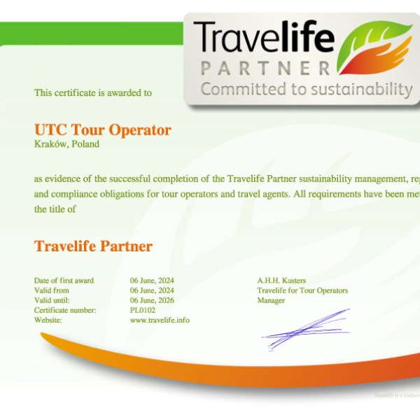 Travelife sustainability award certificate for UTC Tour Operator, Kraków, Poland, valid until June 2026.