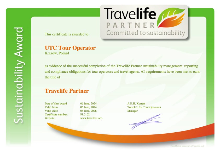 Travelife sustainability award certificate for UTC Tour Operator, Kraków, Poland, valid until June 2026.