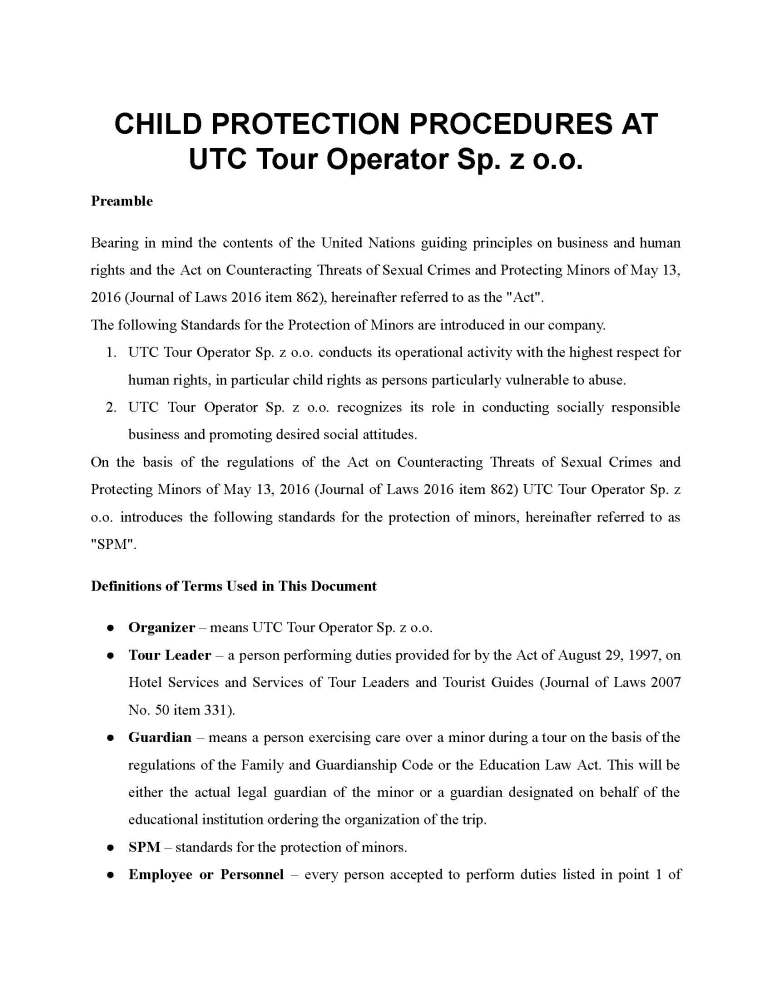 Document titled 'Child Protection Procedures at UTC Tour Operator' with detailed policies and terms.