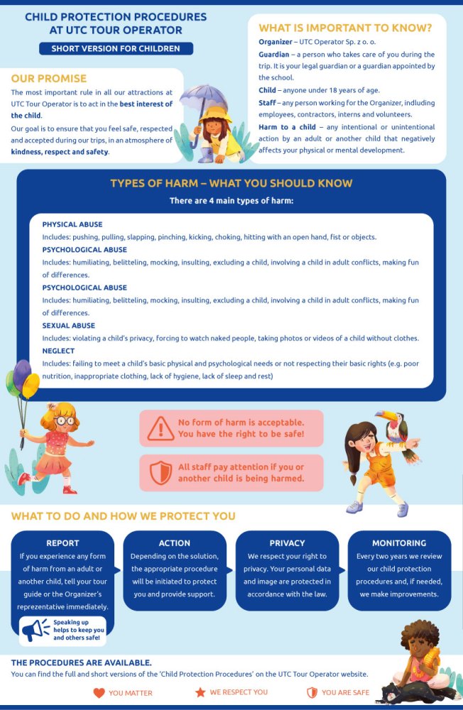 Colorful infographic on child protection procedures and types of harm at a tour operator.