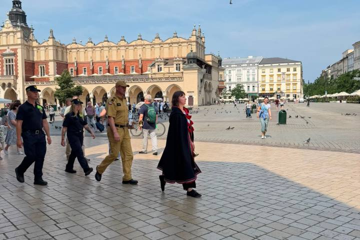People walking in a large open square with historic buildings and pigeons.