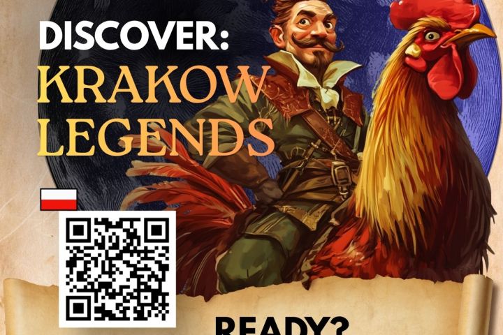 Poster with Krakow Legends theme, featuring a man and a rooster, QR codes, and promotional text.