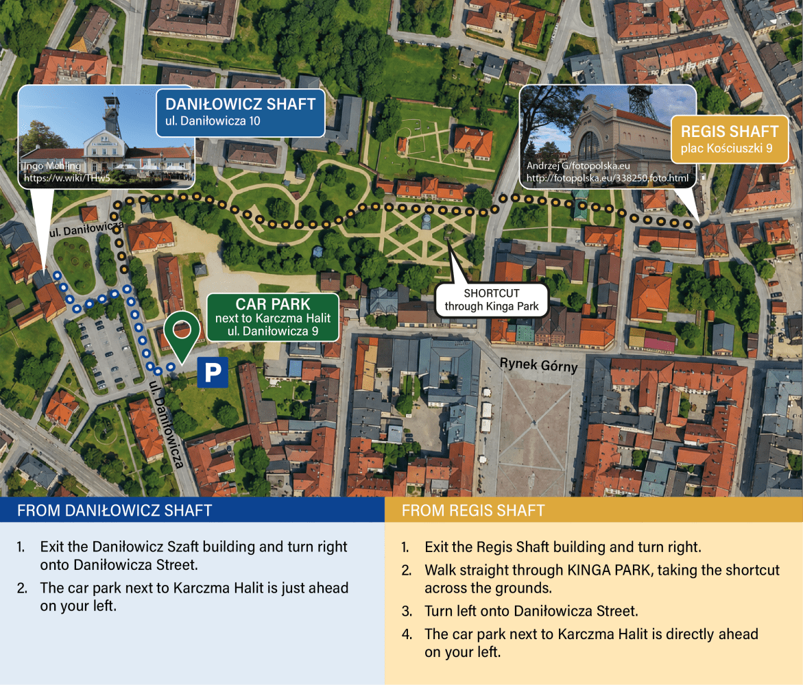 Map showing routes from Daniłowicz and Regis shafts to Karczma Halit car park in Wieliczka, Poland.
