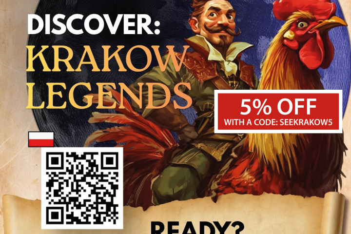 Poster with a man, rooster, and QR codes promoting Krakow Legends city game.