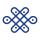 Blue symmetrical knot design with dots inside loops.