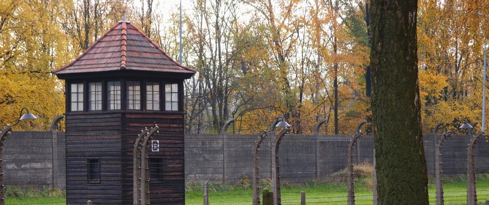 Watchtower and barbed wire fence surrounded by autumn trees.