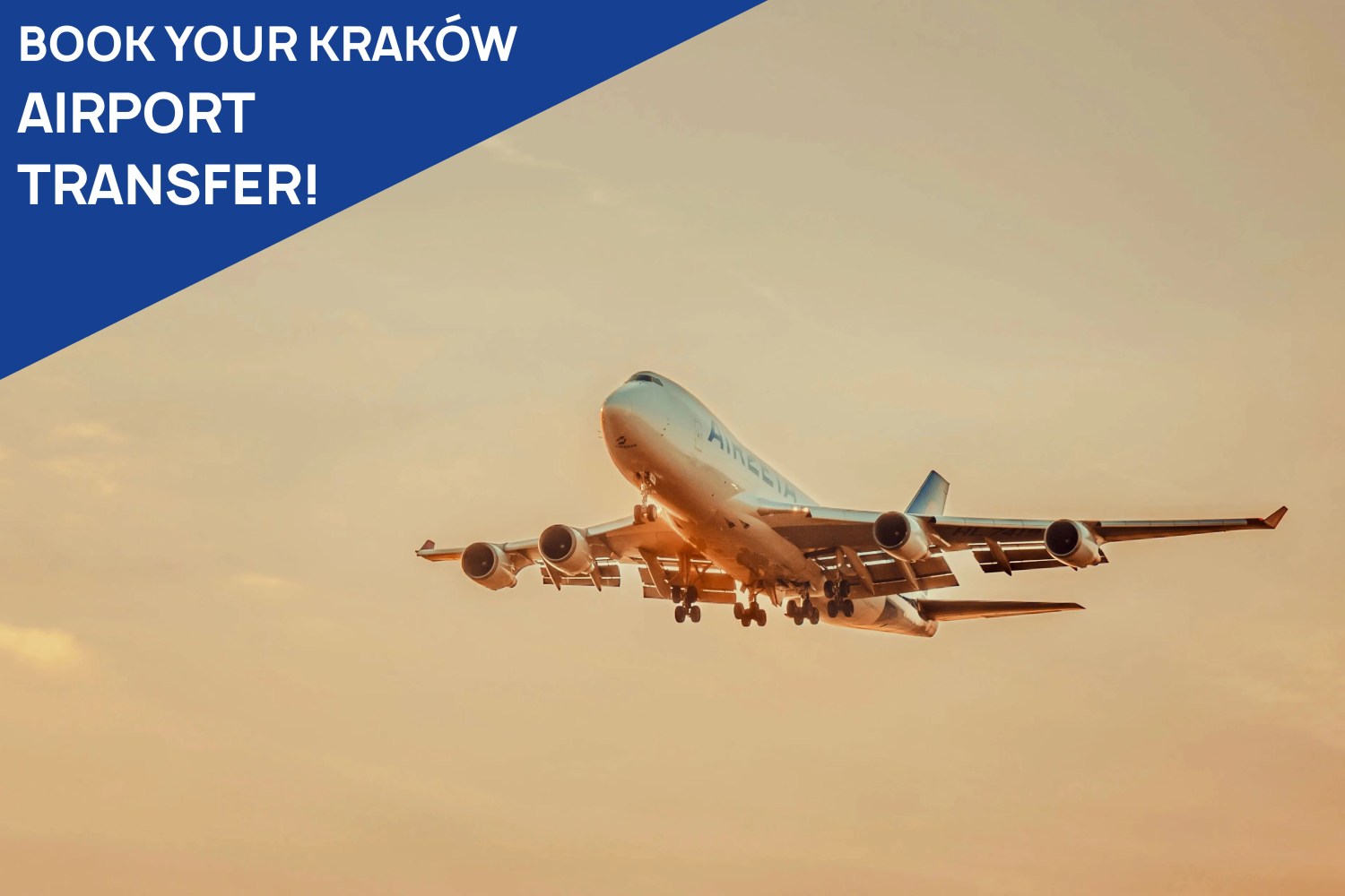 Airplane flying at sunset with 'Book your Kraków airport transfer!' text on blue banner.