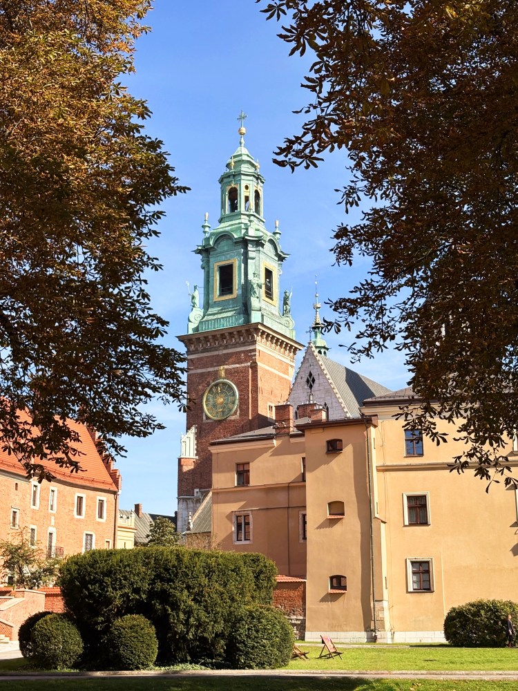 Historic building with tower framed by trees, sunny day.